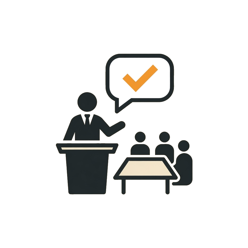 Executive speaking with confidence in a meeting